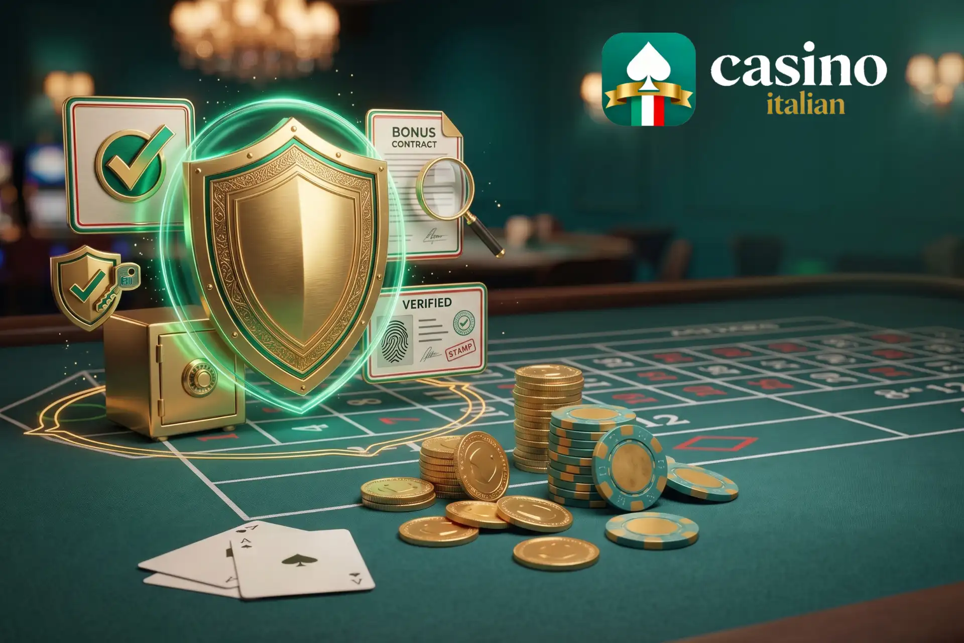 I rischi dei casino appena aperti e come proteggersi su Casino Italian, mostrati su un tavolo da gioco con scudo protettivo, cassaforte, contratto e fiches.